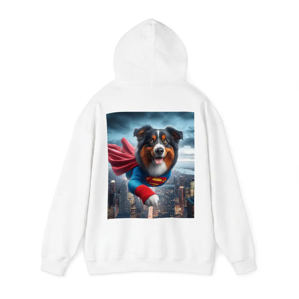 Australian Shepherd Superman Flying Over City – Hoodies