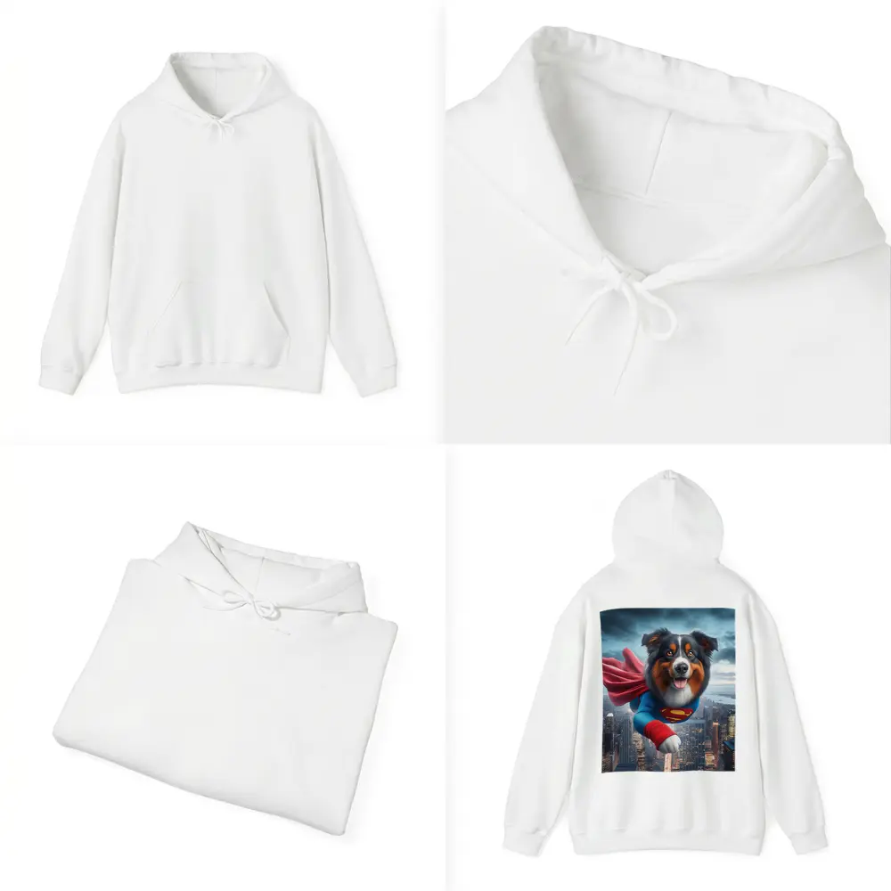Australian Shepherd Superman Flying Over City – Hoodies