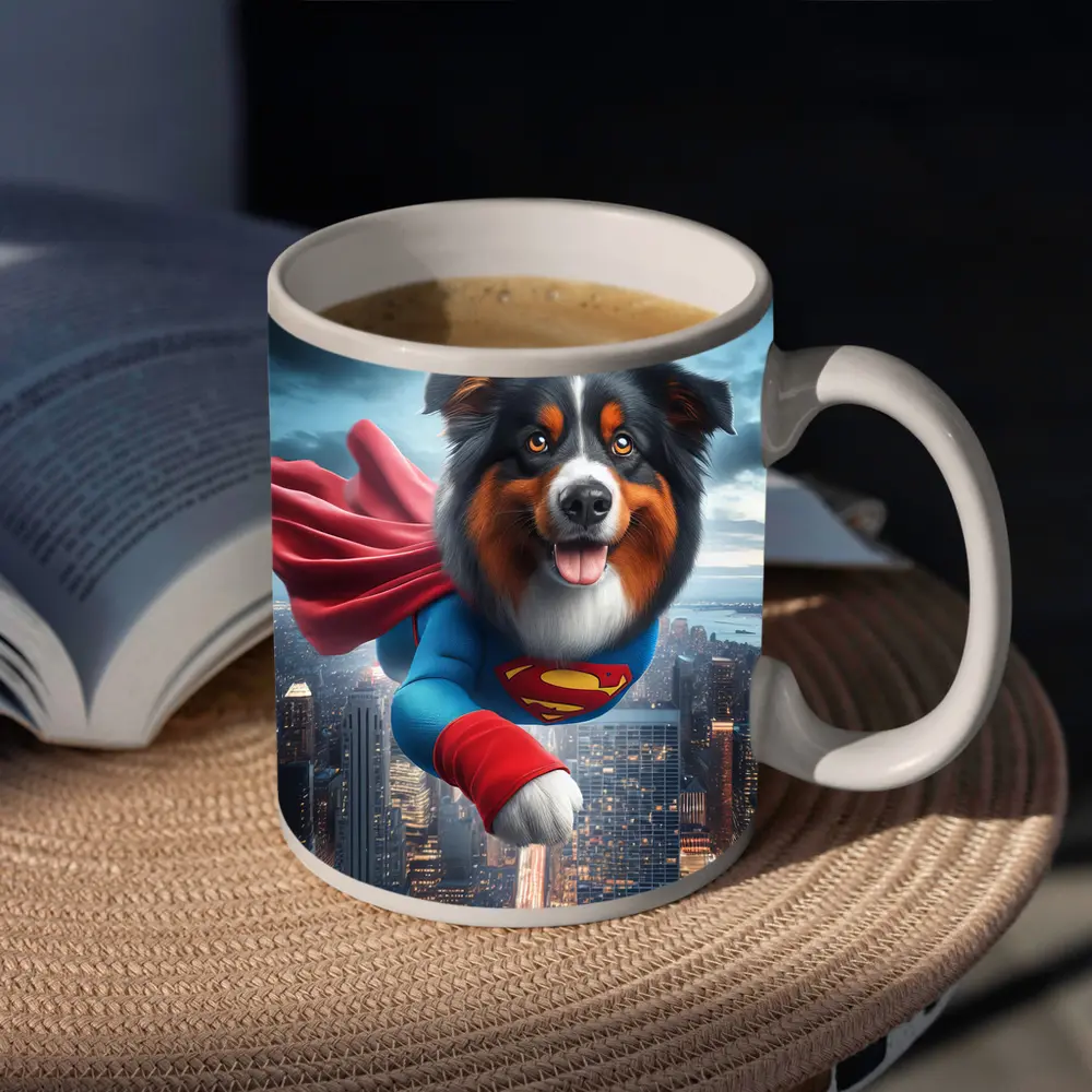 Australian Shepherd Superman Flying Over City – Mugs