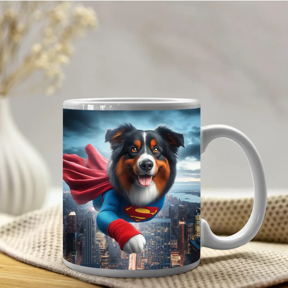 Australian Shepherd Superman Flying Over City – Mugs