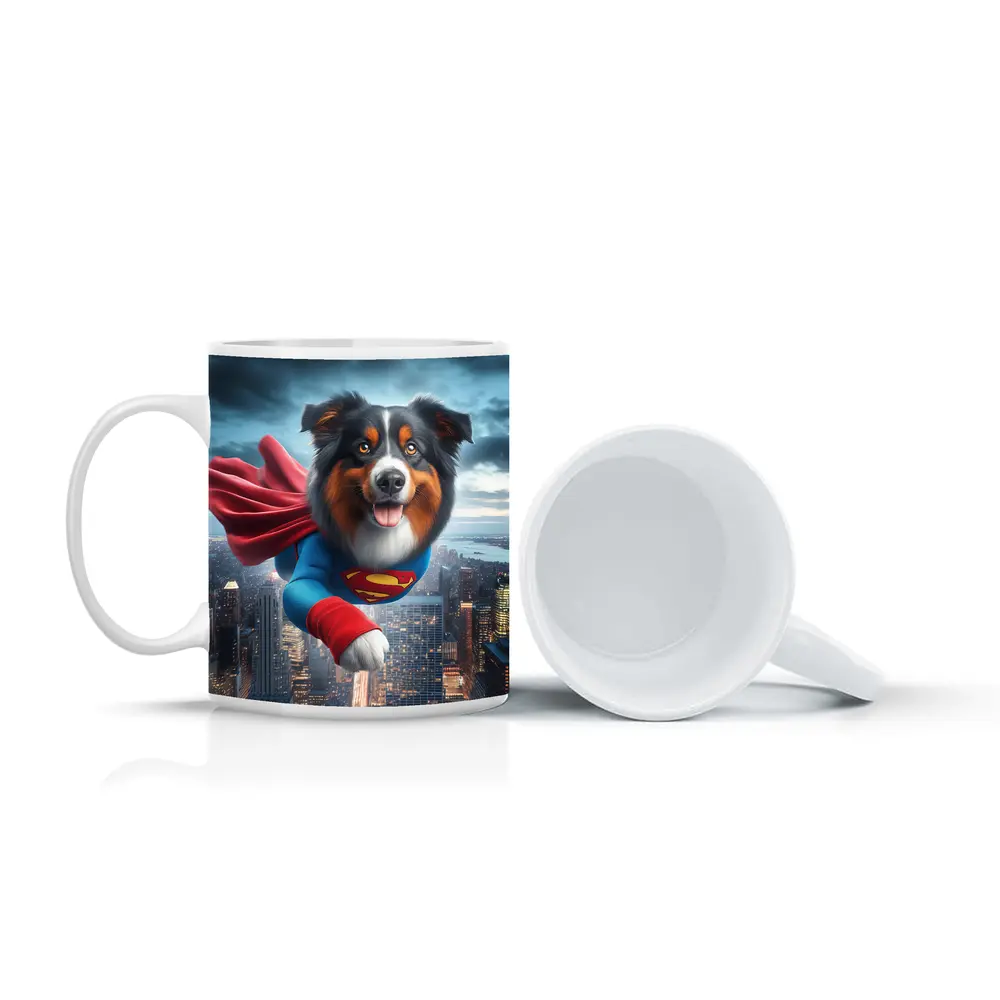 Australian Shepherd Superman Flying Over City – Mugs