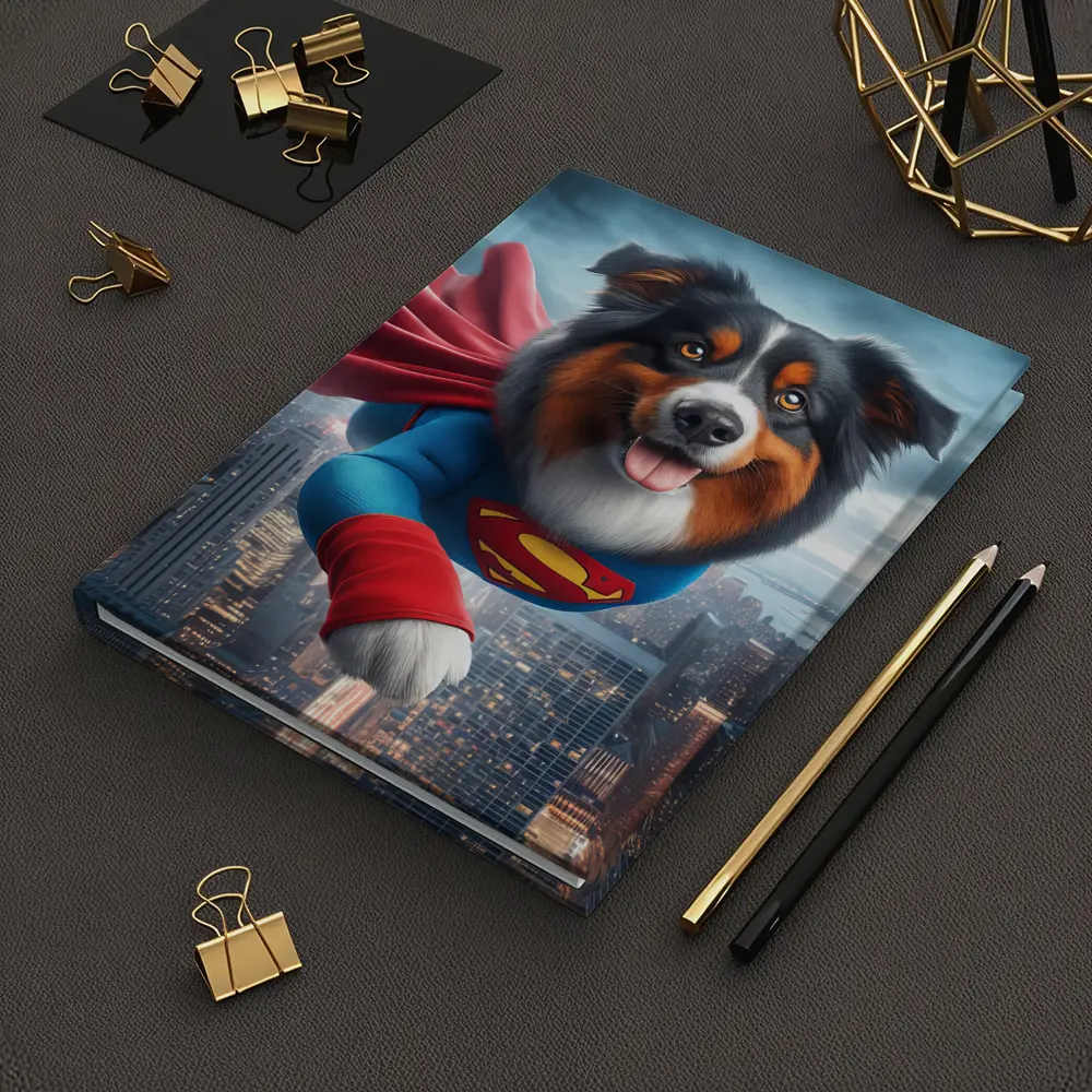Australian Shepherd Superman Flying Over City – Notebooks