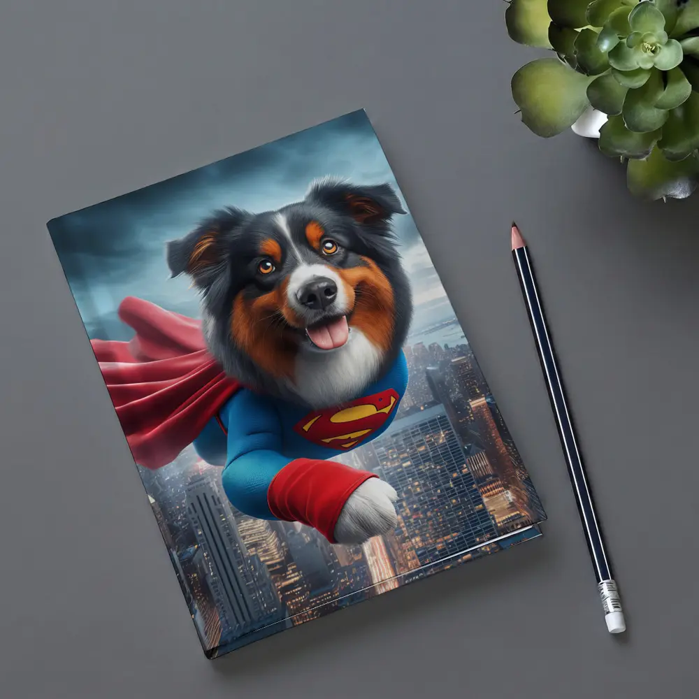 Australian Shepherd Superman Flying Over City – Notebooks