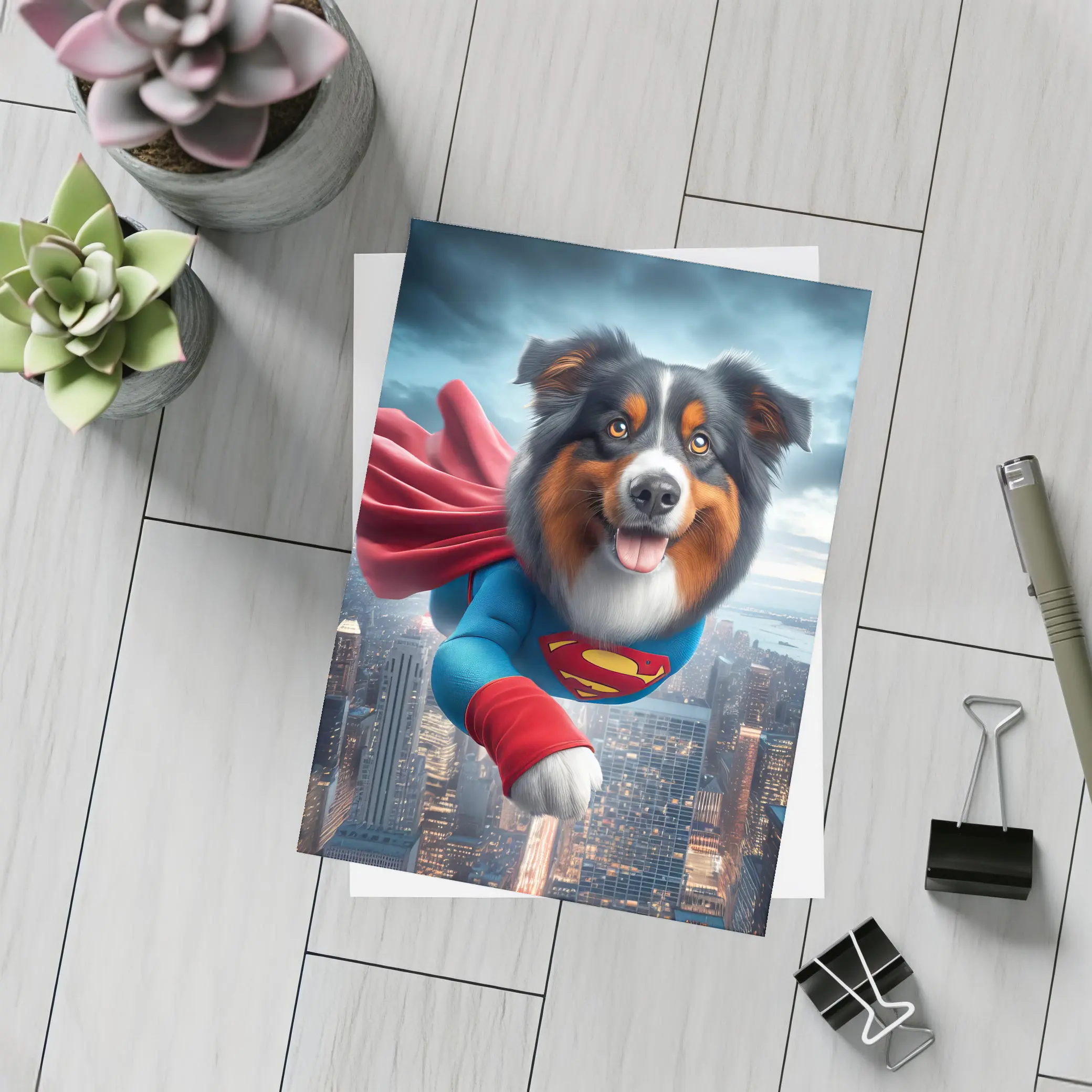 Australian Shepherd Superman Flying Over City – Postcards