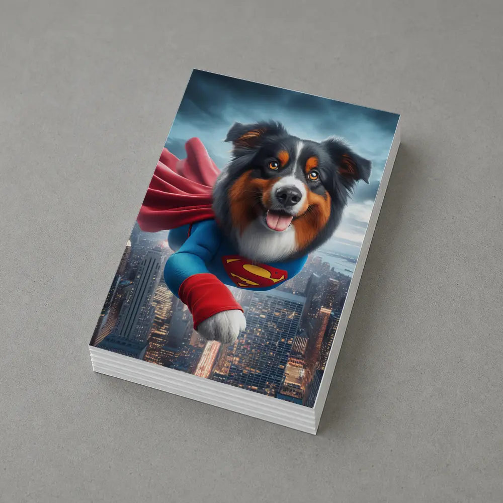 Australian Shepherd Superman Flying Over City – Postcards