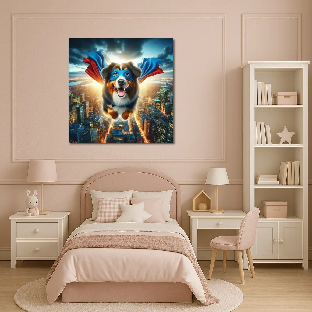 Superhero Australian Shepherd Flying Over City – Wall Art