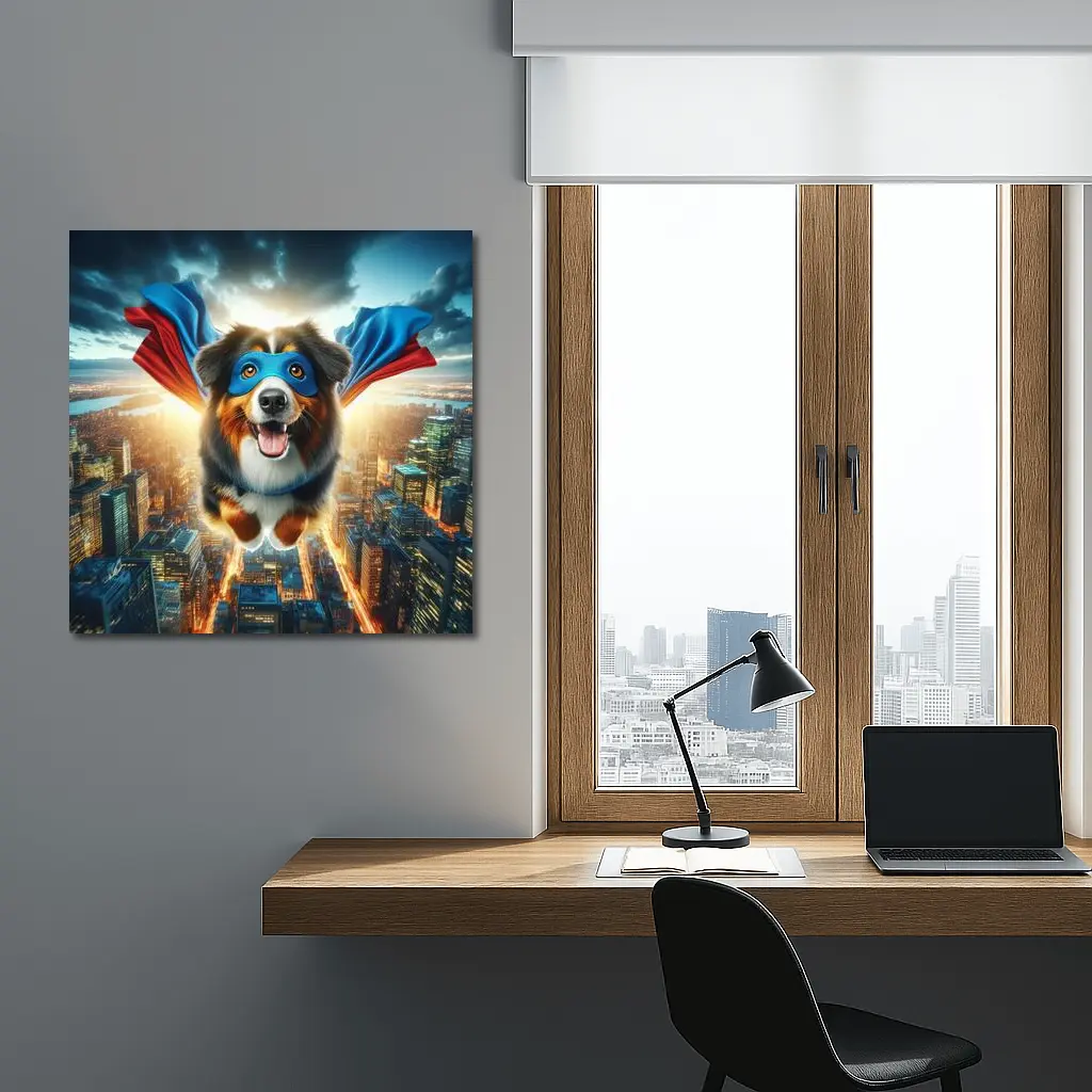 Superhero Australian Shepherd Flying Over City – Wall Art