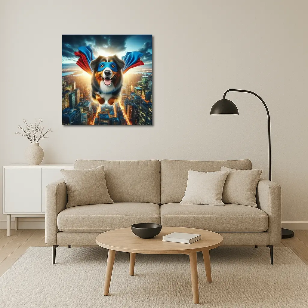 Superhero Australian Shepherd Flying Over City – Wall Art