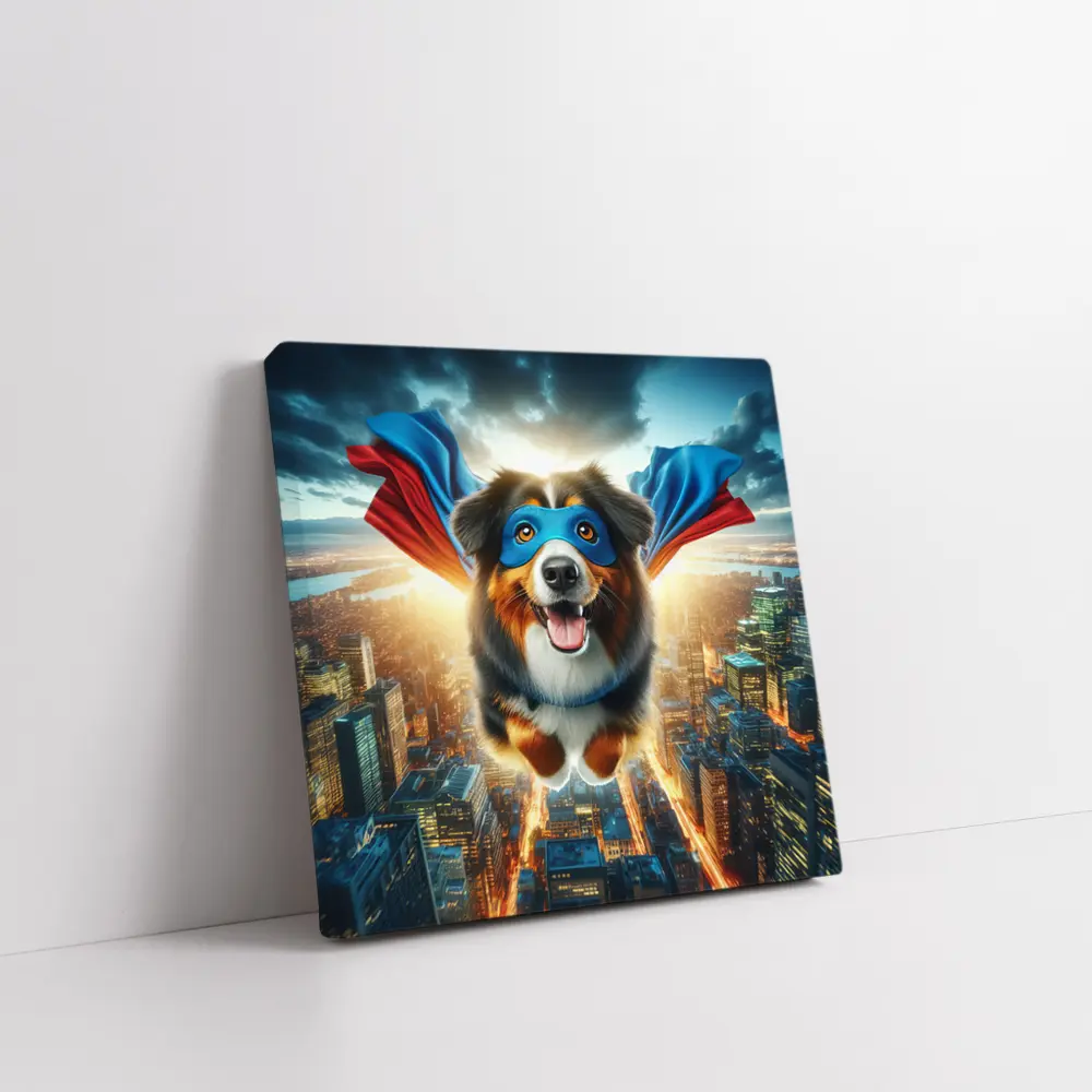Superhero Australian Shepherd Flying Over City – Wall Art