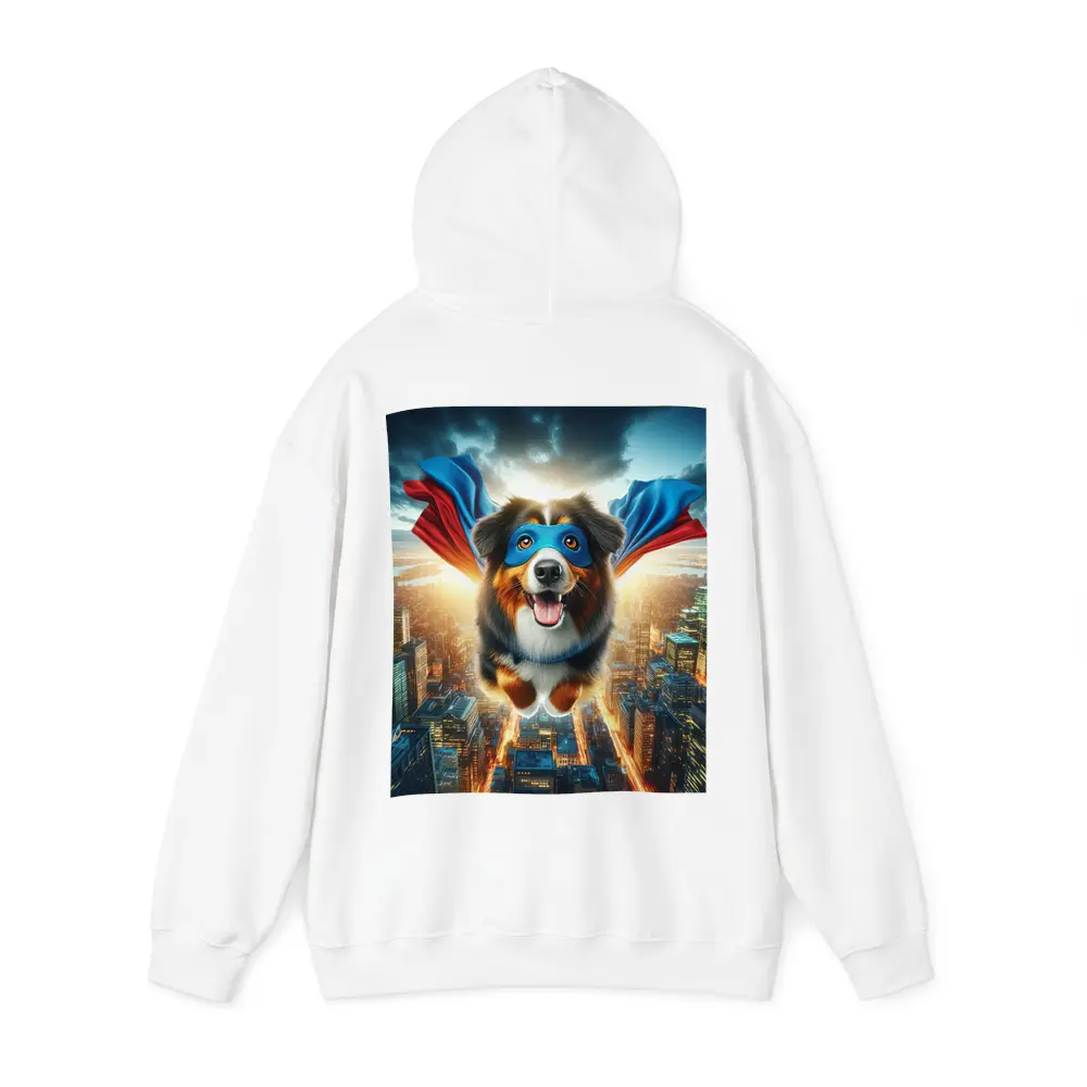 Superhero Australian Shepherd Flying Over City – Hoodies