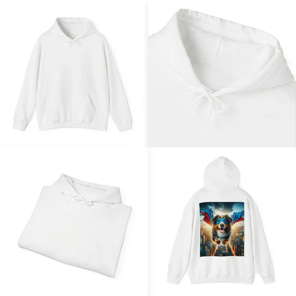 Superhero Australian Shepherd Flying Over City – Hoodies
