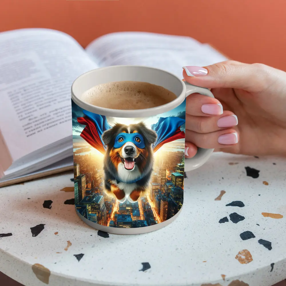 Superhero Australian Shepherd Flying Over City – Mugs