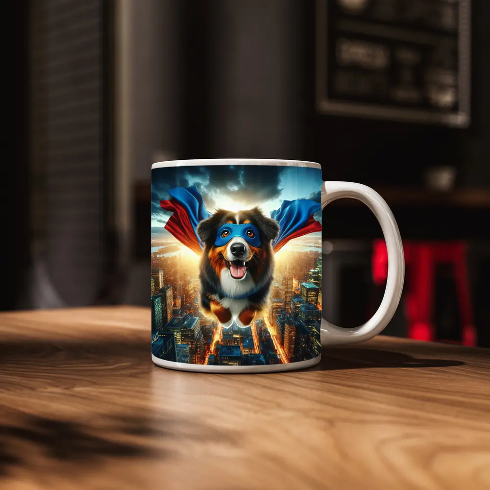 Superhero Australian Shepherd Flying Over City – Mugs