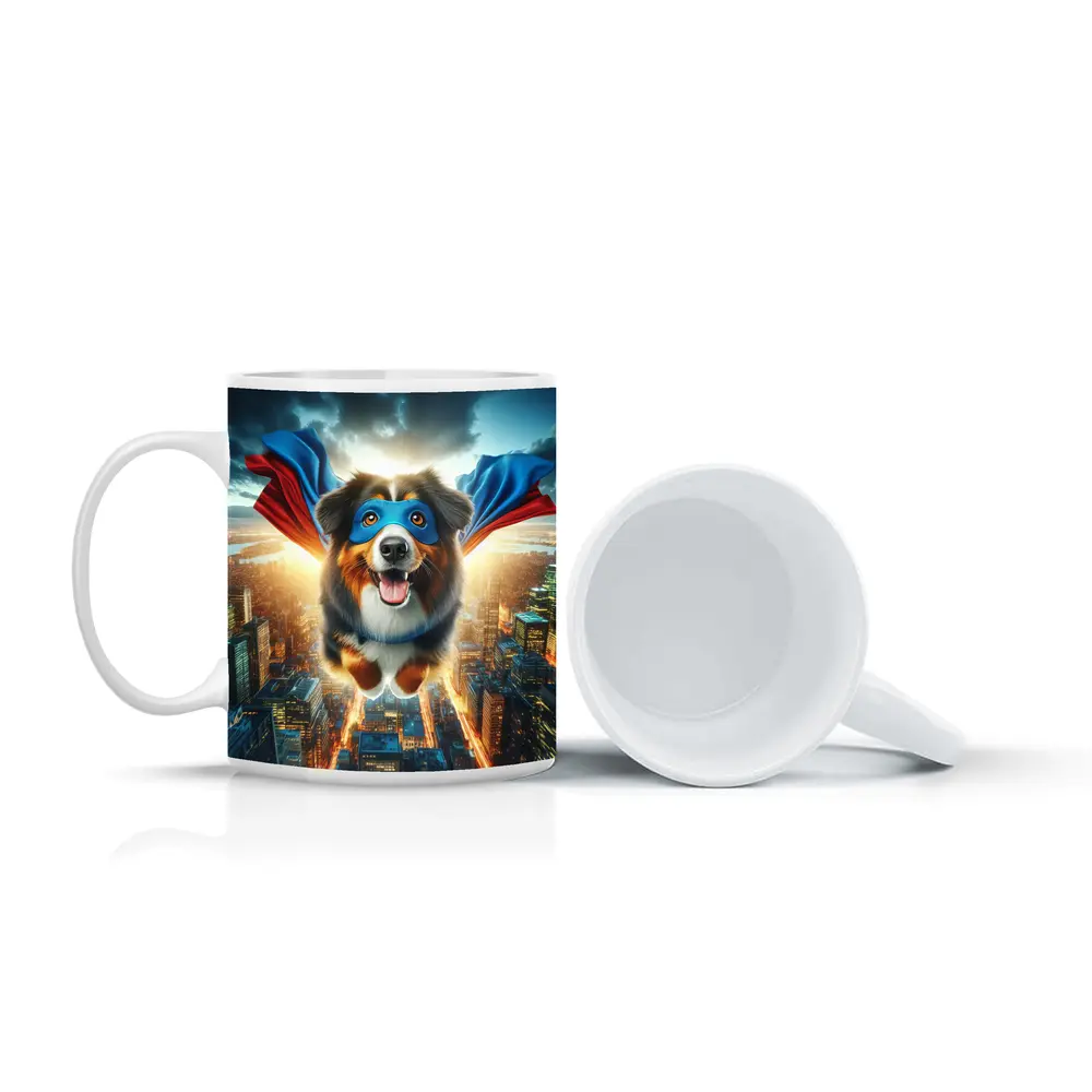 Superhero Australian Shepherd Flying Over City – Mugs