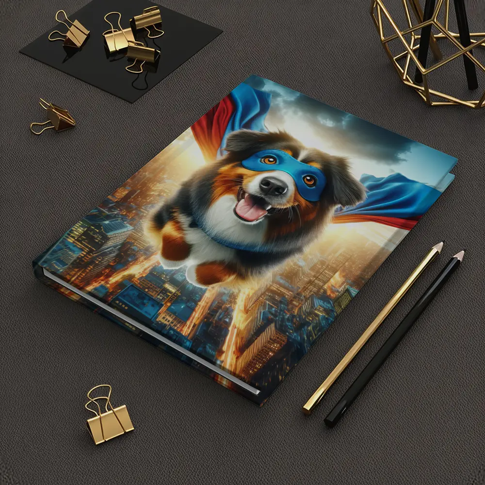 Superhero Australian Shepherd Flying Over City – Notebooks