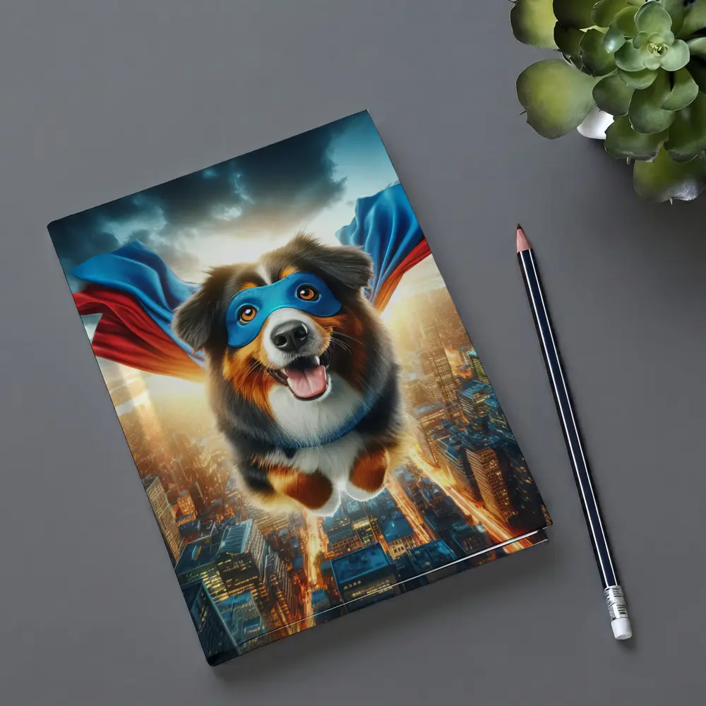 Superhero Australian Shepherd Flying Over City – Notebooks