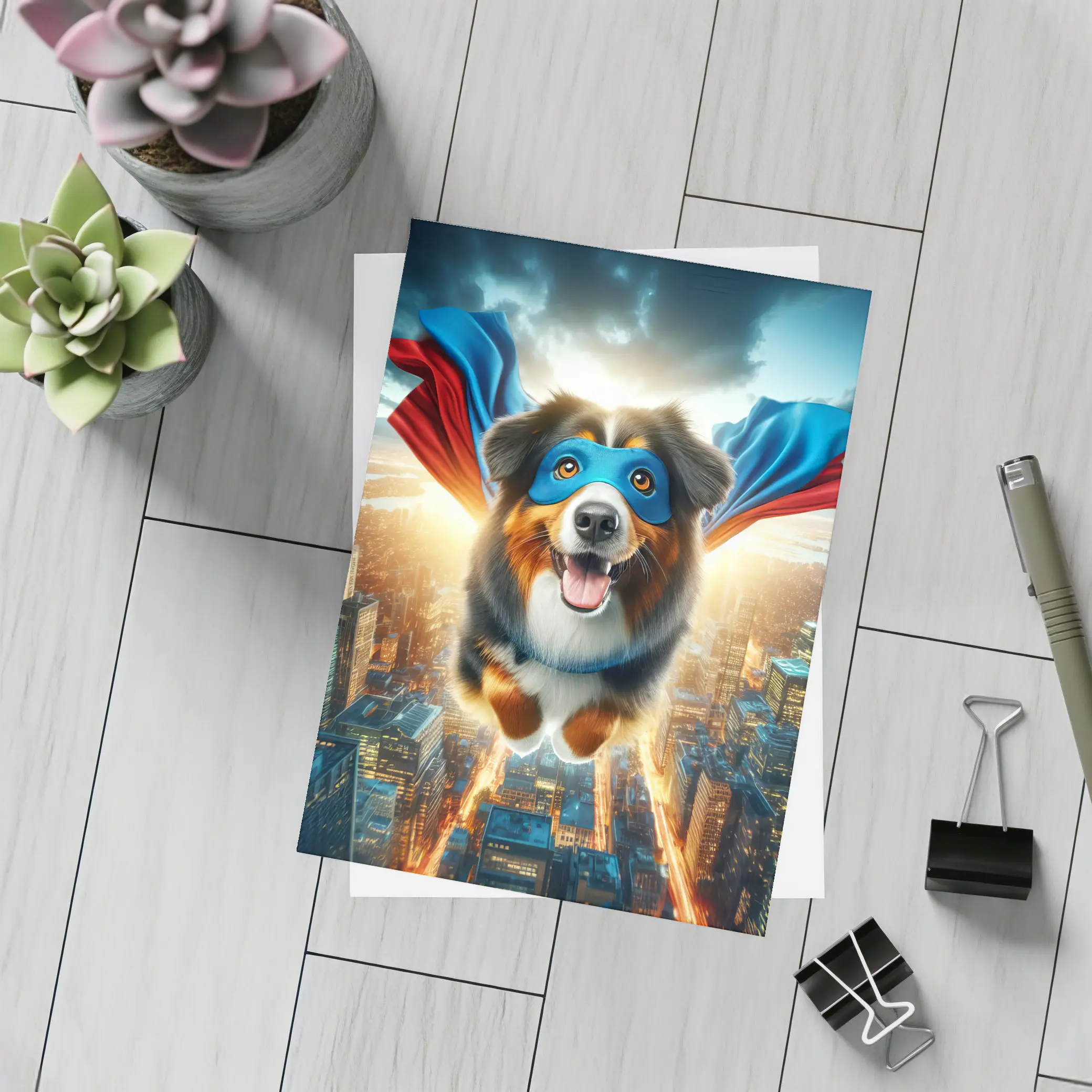 Superhero Australian Shepherd Flying Over City – Postcards