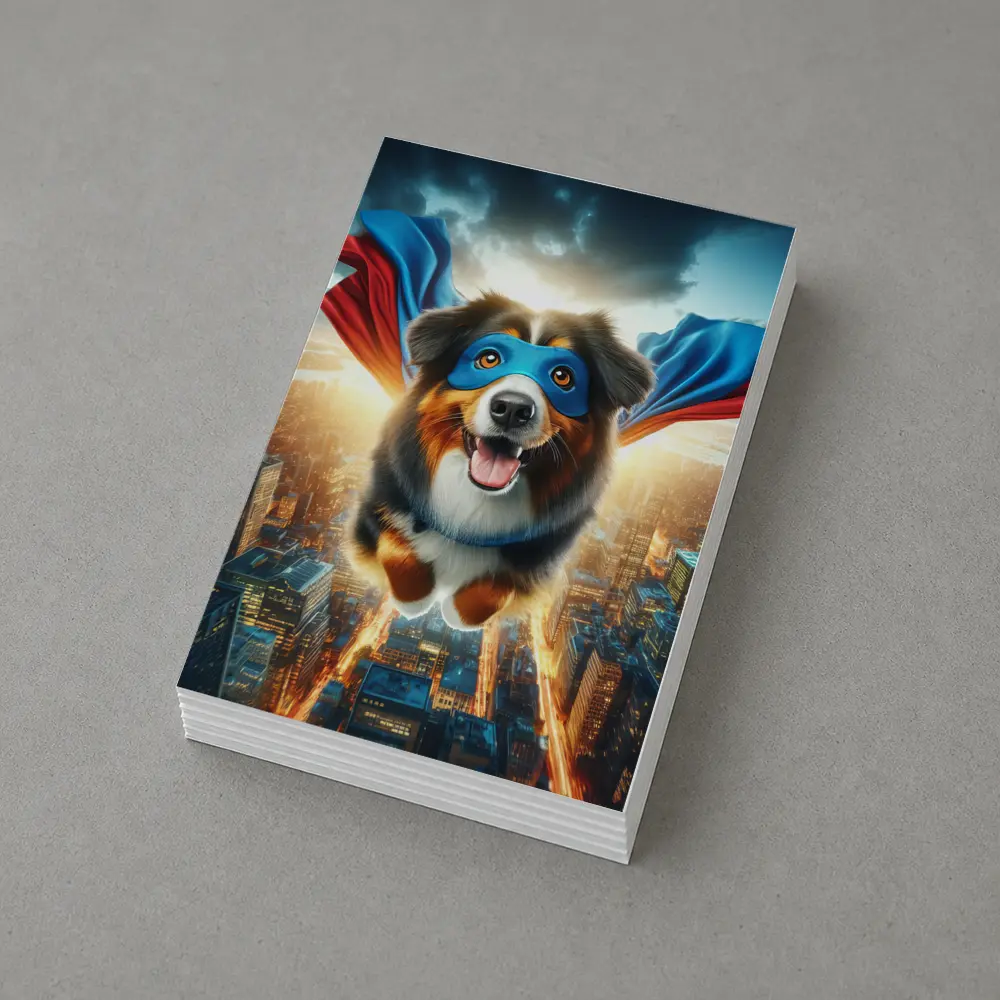 Superhero Australian Shepherd Flying Over City – Postcards