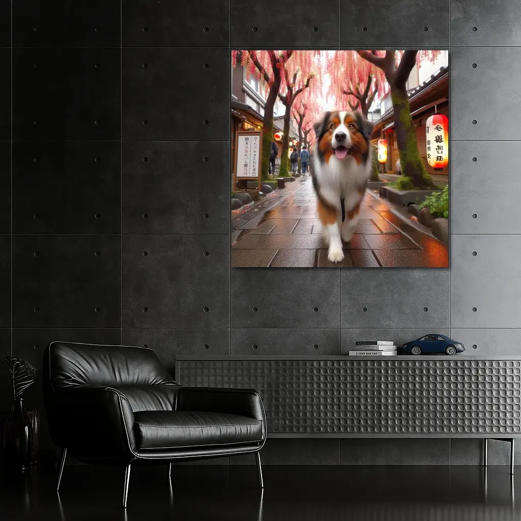 Australian Shepherd Walking Japanese Street Cherry Blossoms – Wall Art
