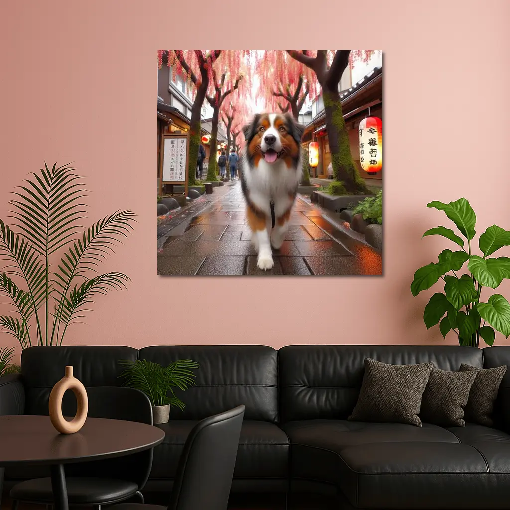 Australian Shepherd Walking Japanese Street Cherry Blossoms – Wall Art