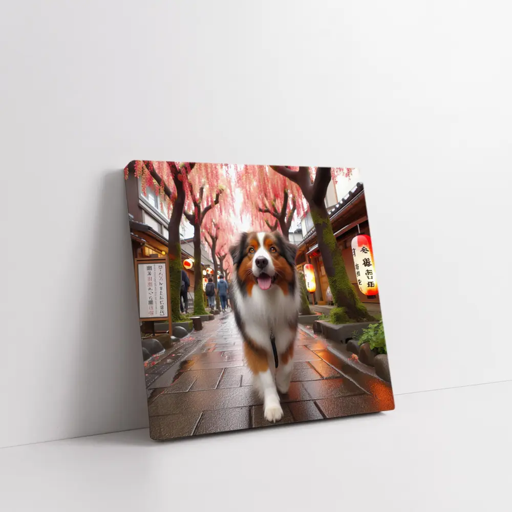 Australian Shepherd Walking Japanese Street Cherry Blossoms – Wall Art