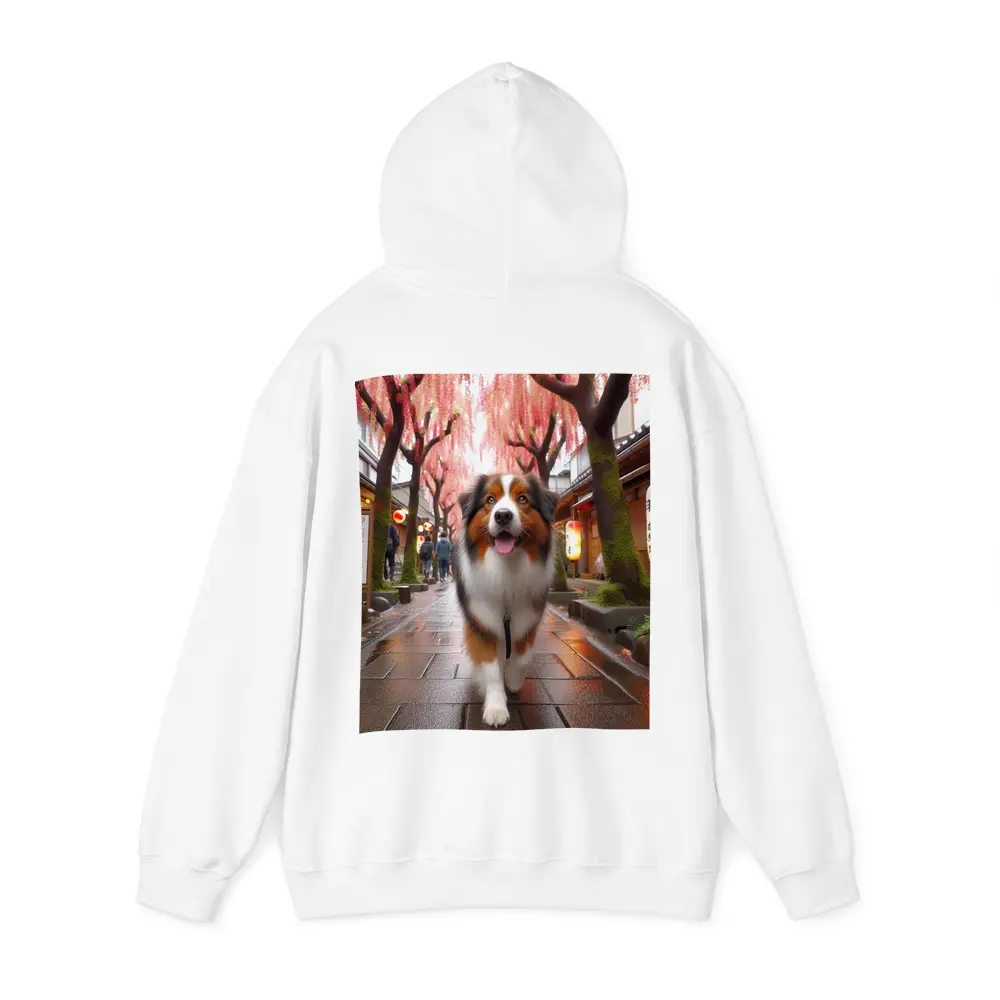 Australian Shepherd Walking Japanese Street Cherry Blossoms – Hoodies