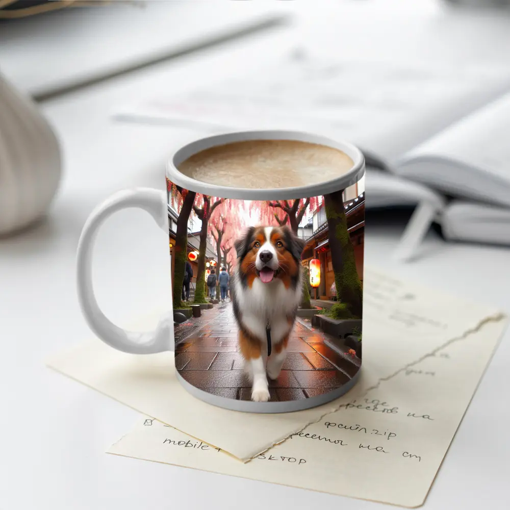 Australian Shepherd Walking Japanese Street Cherry Blossoms – Mugs