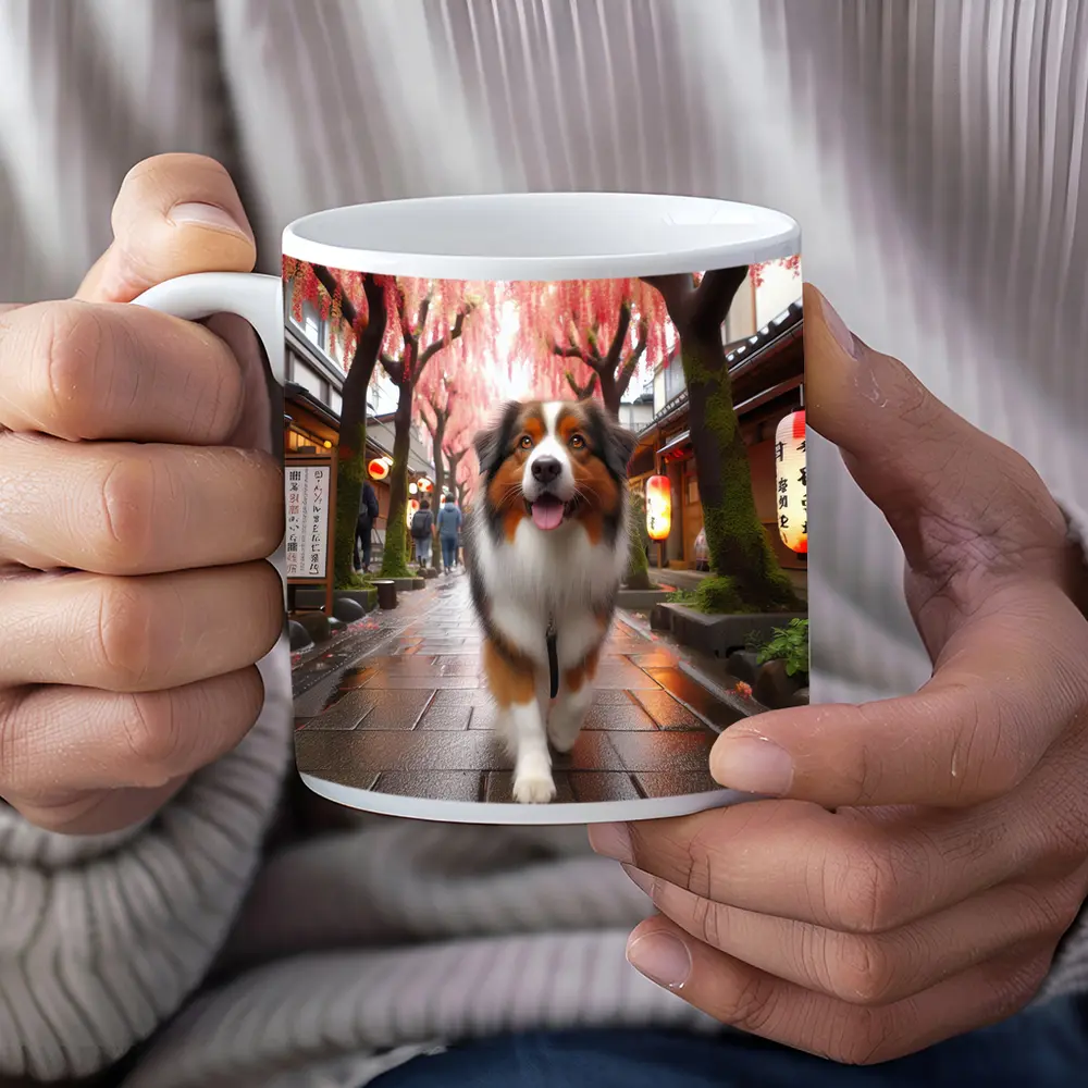 Australian Shepherd Walking Japanese Street Cherry Blossoms – Mugs