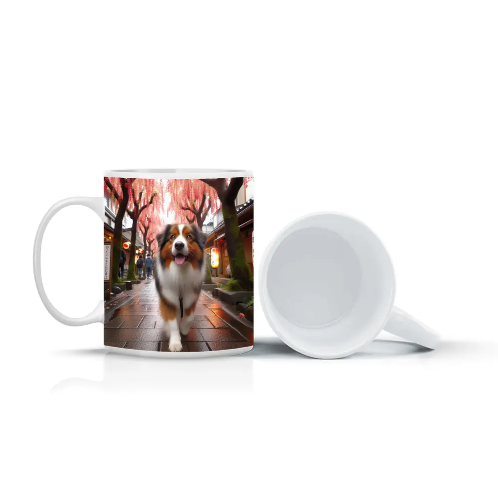 Australian Shepherd Walking Japanese Street Cherry Blossoms – Mugs