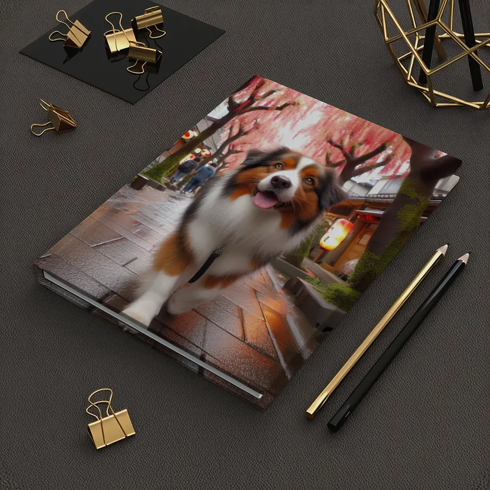 Australian Shepherd Walking Japanese Street Cherry Blossoms – Notebooks