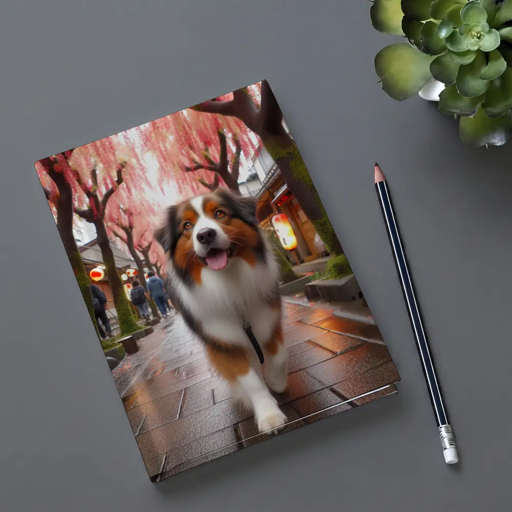 Australian Shepherd Walking Japanese Street Cherry Blossoms – Notebooks