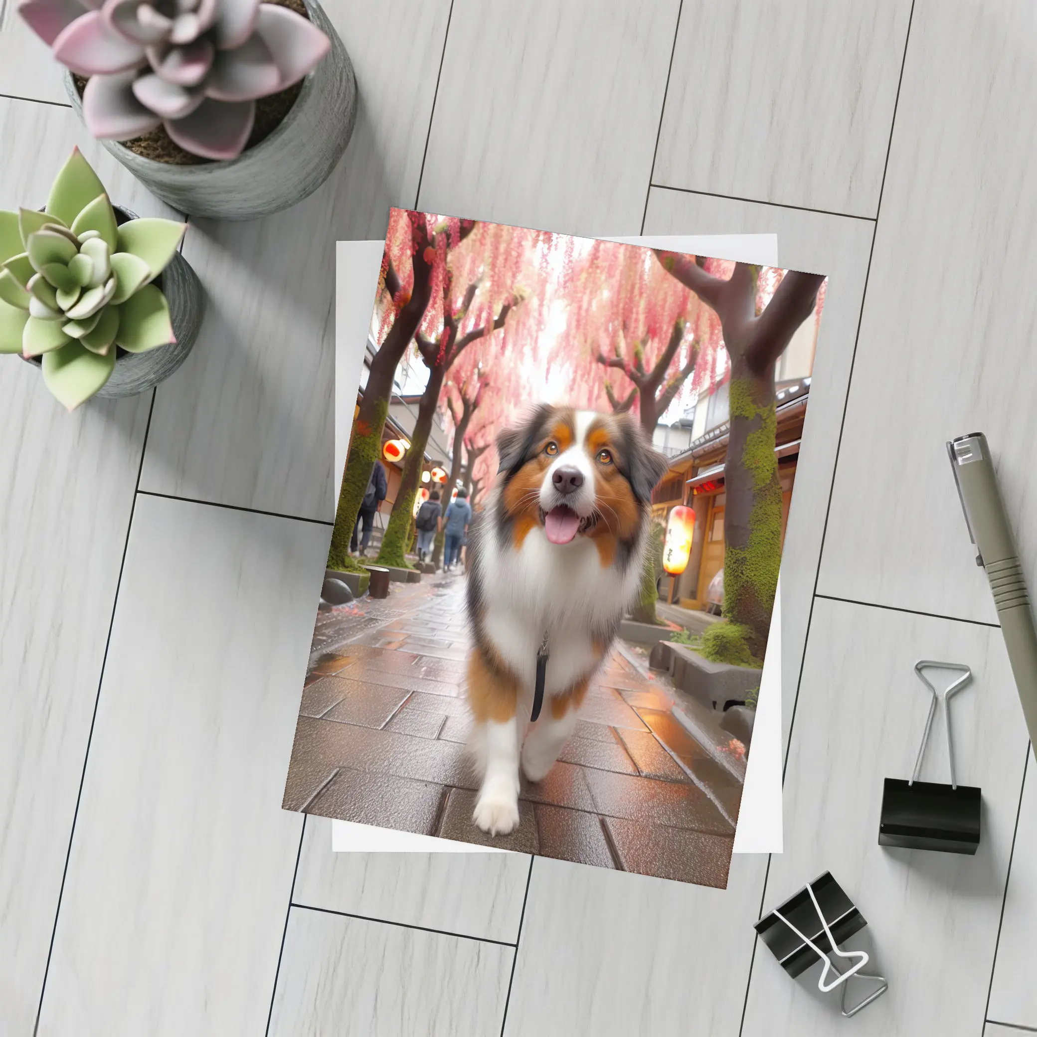 Australian Shepherd Walking Japanese Street Cherry Blossoms – Postcards