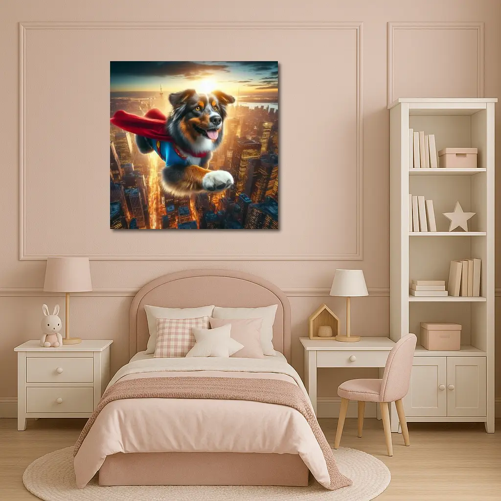 Australian Shepherd Superhero Flying Over City – Wall Art