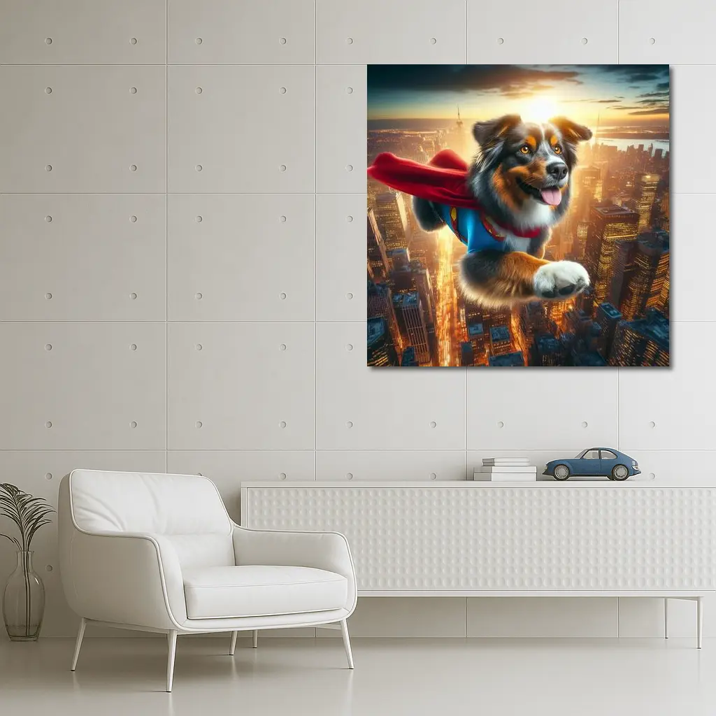 Australian Shepherd Superhero Flying Over City – Wall Art