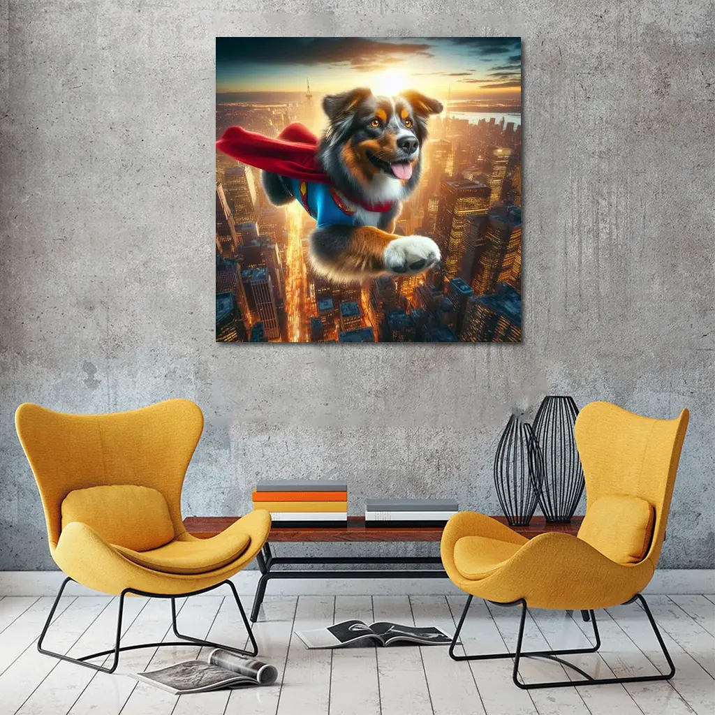Australian Shepherd Superhero Flying Over City – Wall Art