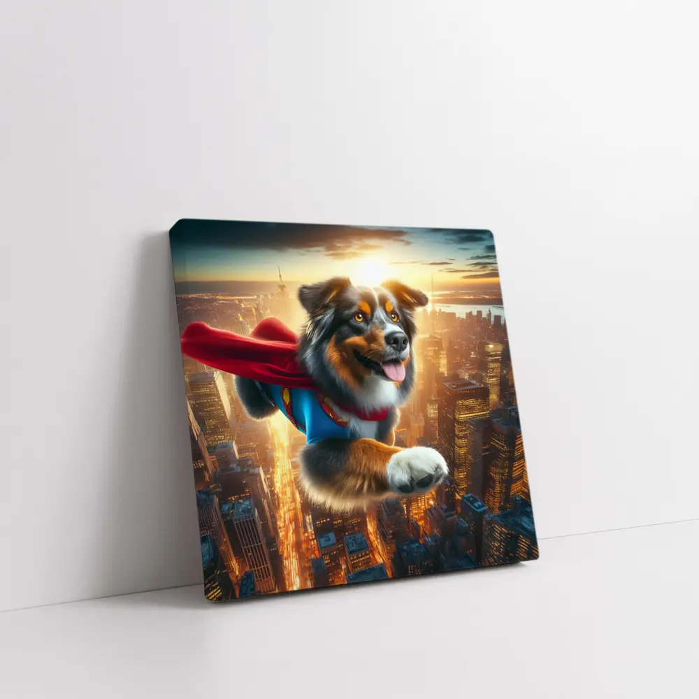 Australian Shepherd Superhero Flying Over City – Wall Art