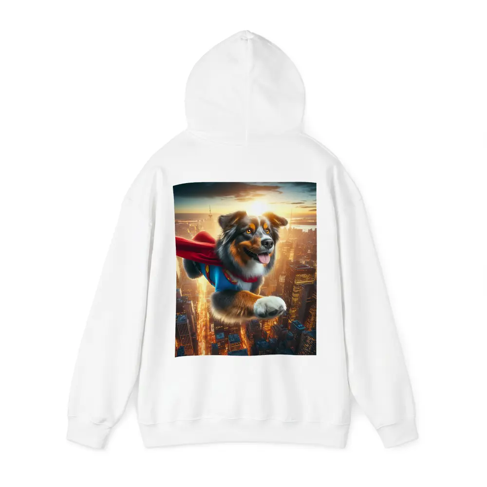 Australian Shepherd Superhero Flying Over City – Hoodies
