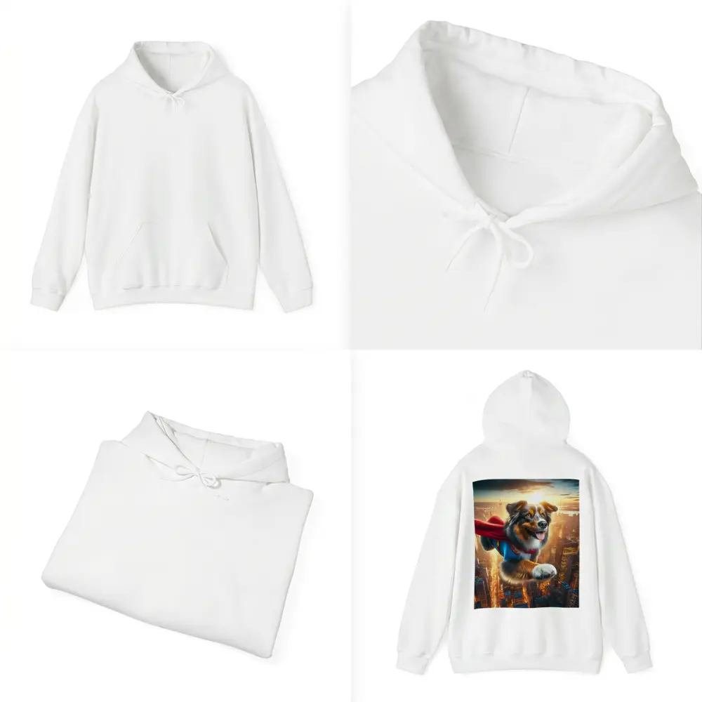 Australian Shepherd Superhero Flying Over City – Hoodies