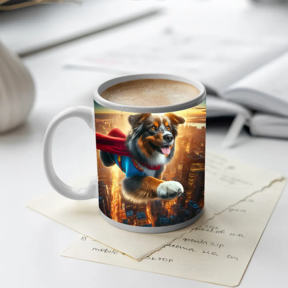 Australian Shepherd Superhero Flying Over City – Mugs
