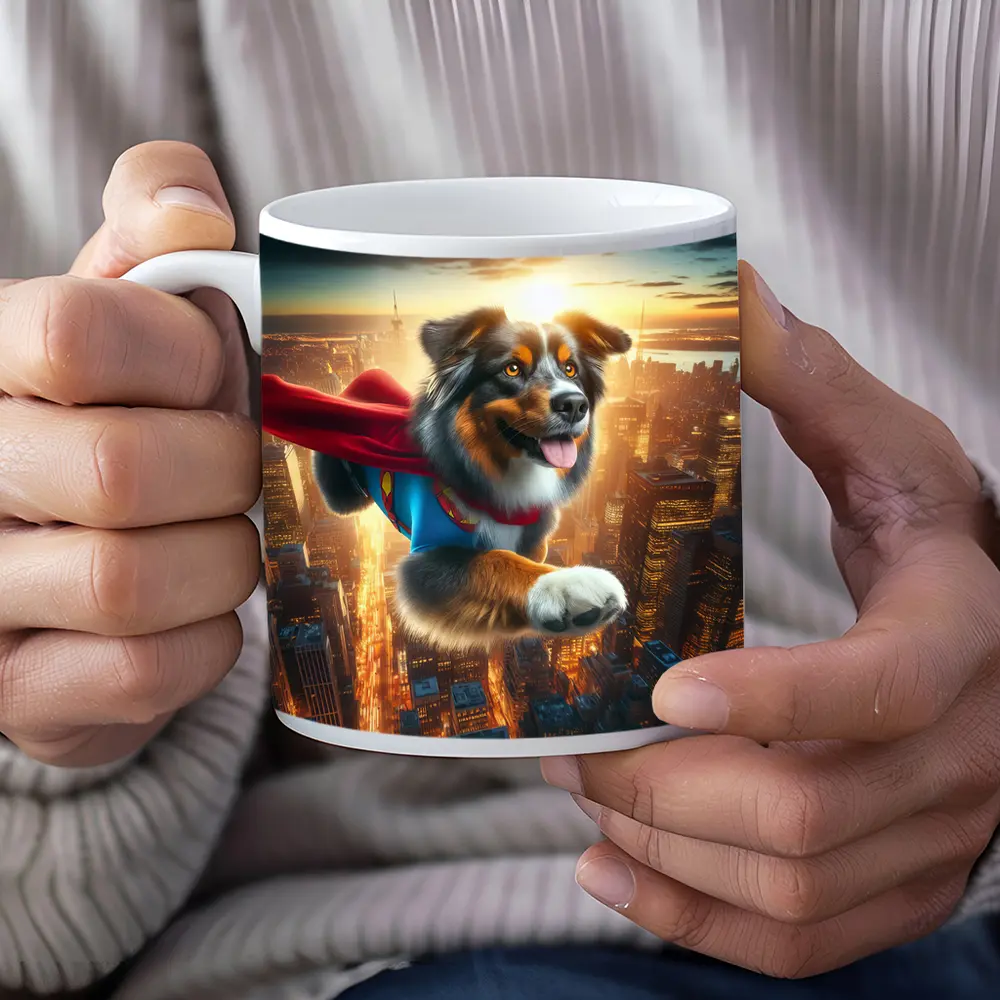 Australian Shepherd Superhero Flying Over City – Mugs