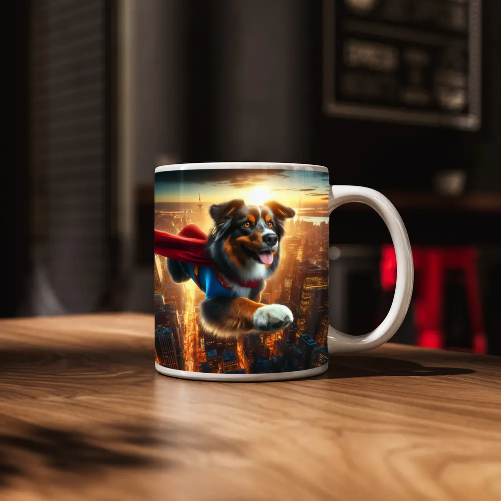 Australian Shepherd Superhero Flying Over City – Mugs