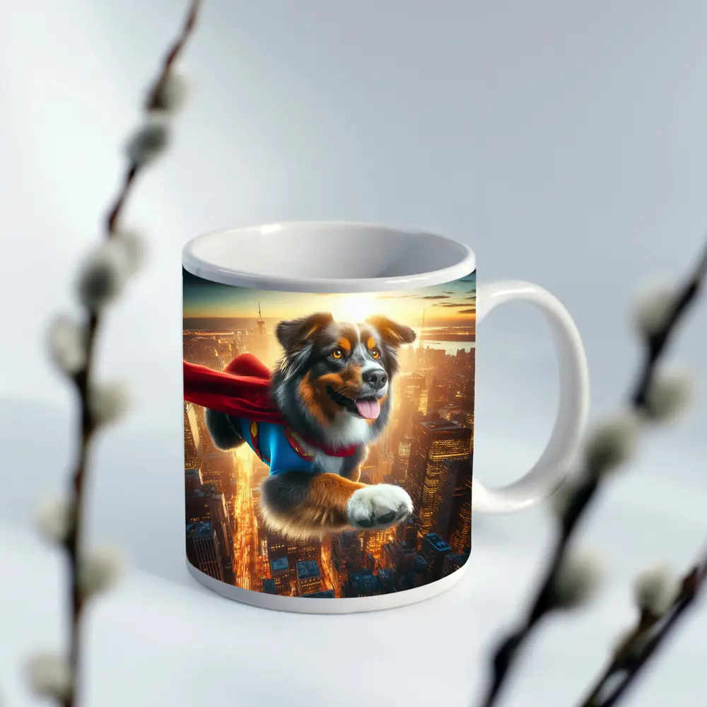Australian Shepherd Superhero Flying Over City – Mugs