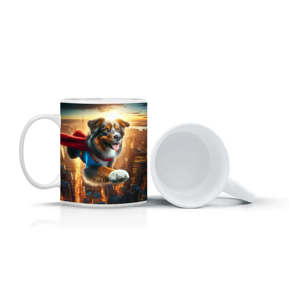 Australian Shepherd Superhero Flying Over City – Mugs