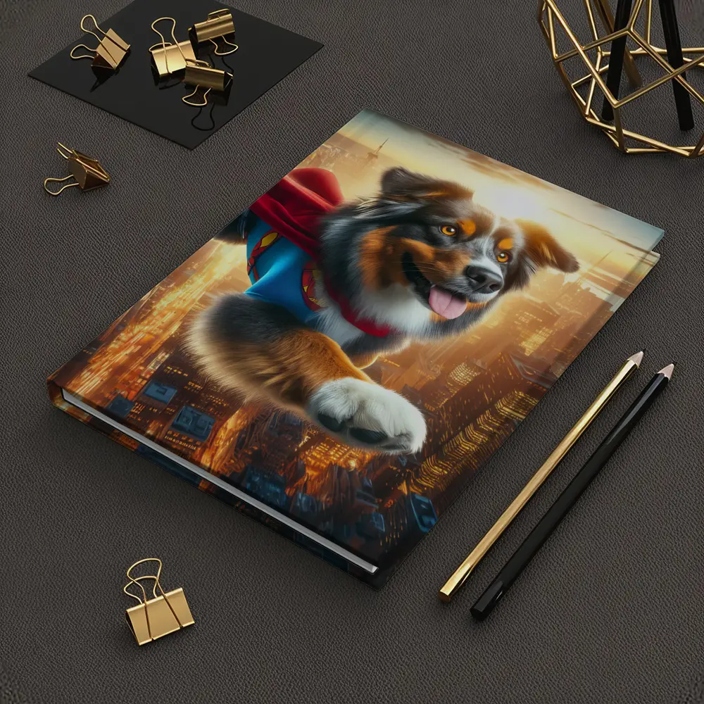 Australian Shepherd Superhero Flying Over City – Notebooks