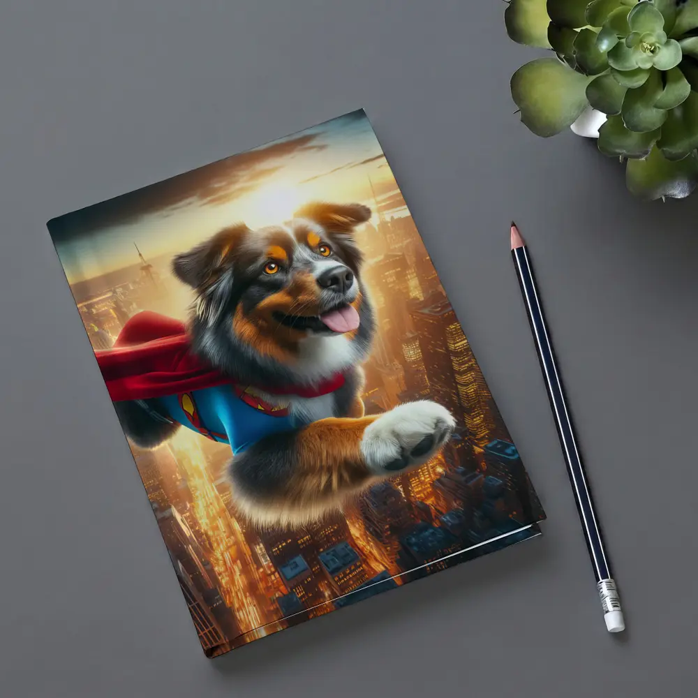 Australian Shepherd Superhero Flying Over City – Notebooks
