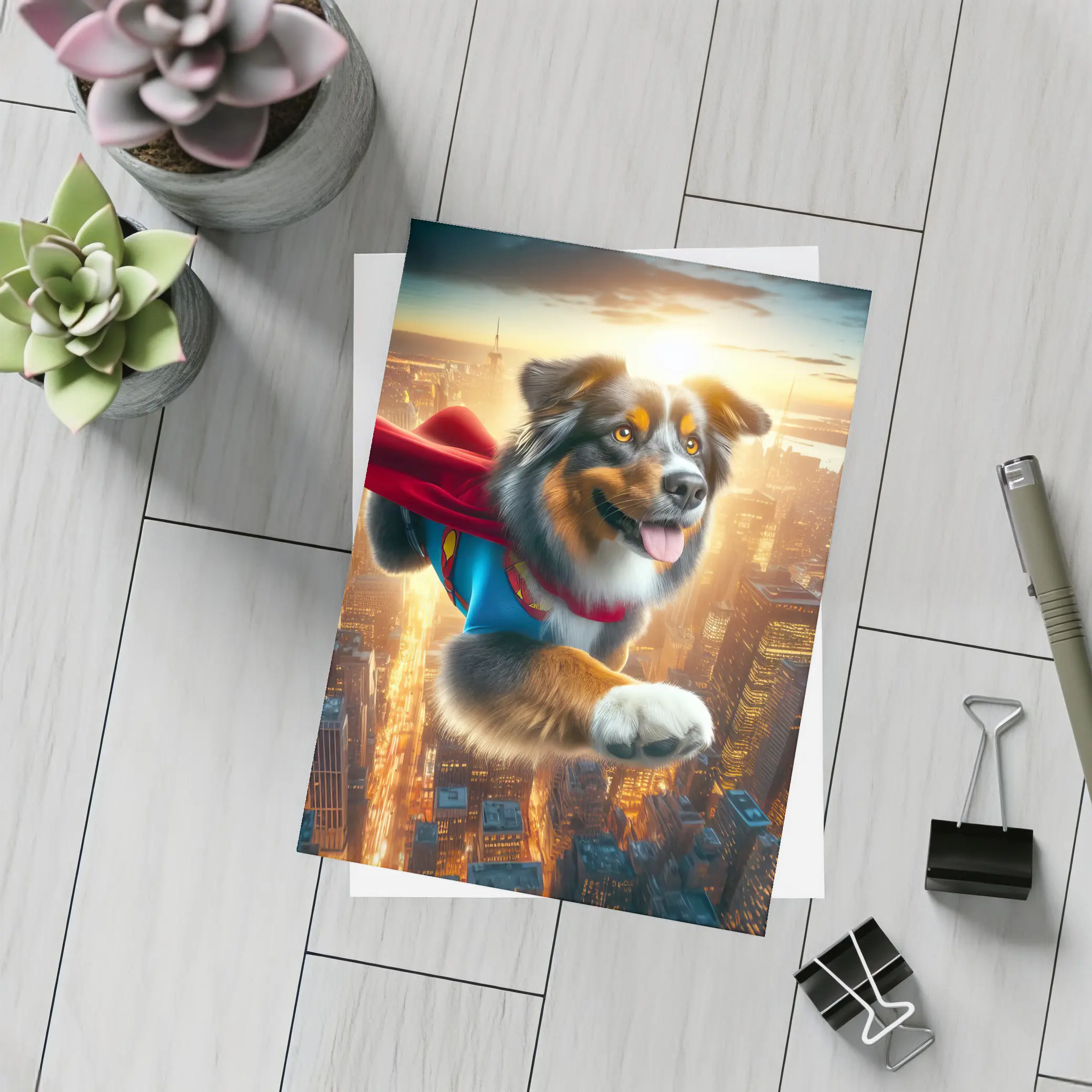 Australian Shepherd Superhero Flying Over City – Postcards