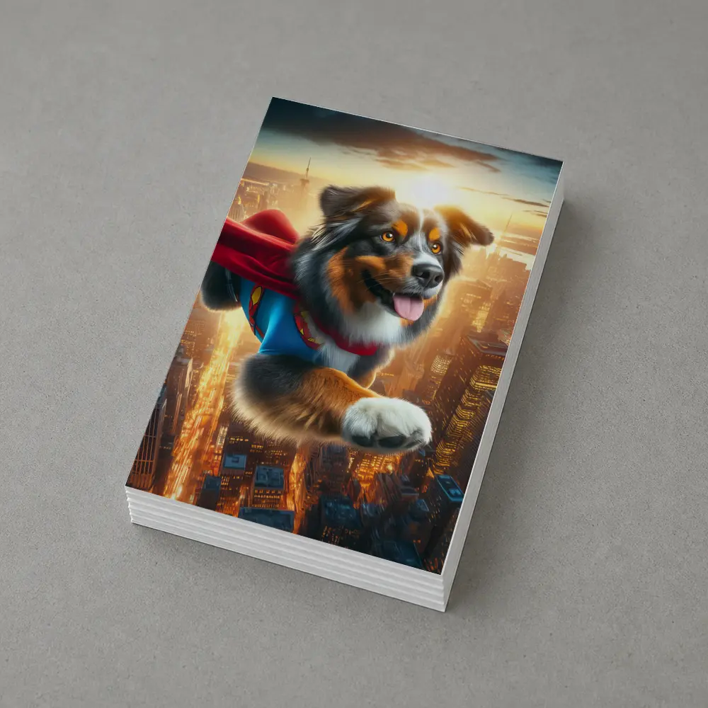 Australian Shepherd Superhero Flying Over City – Postcards