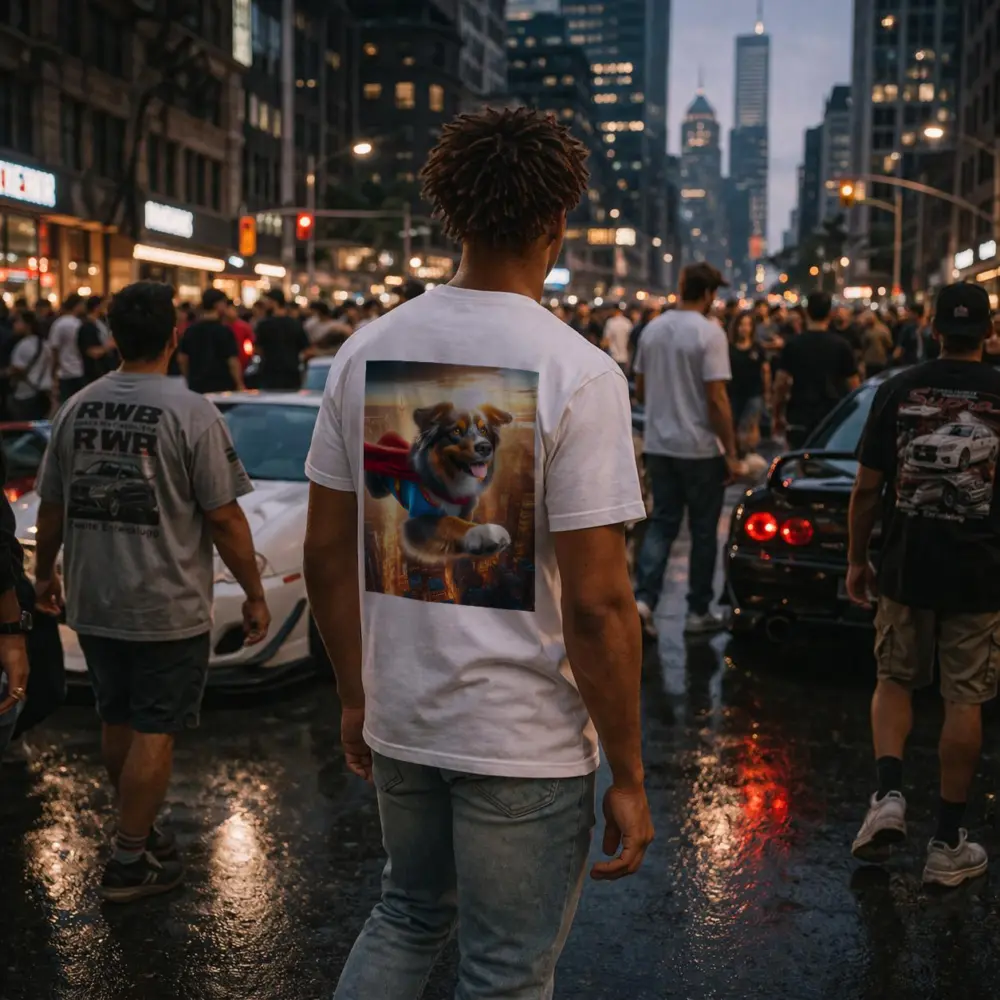 Australian Shepherd Superhero Flying Over City – T-Shirts