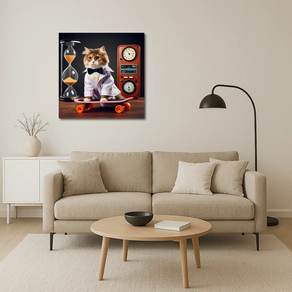 Persian Cat Scientist Riding Pink Skateboard – Wall Art