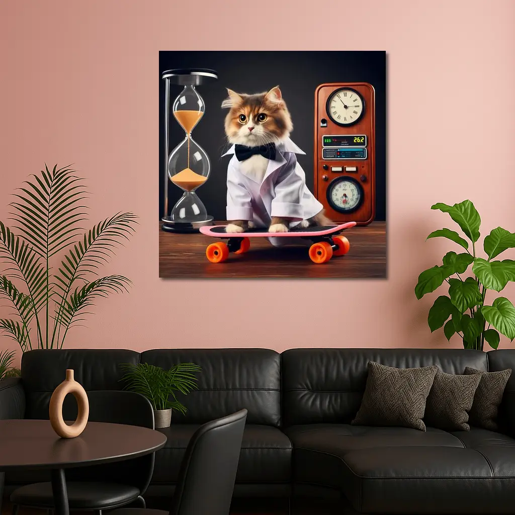 Persian Cat Scientist Riding Pink Skateboard – Wall Art